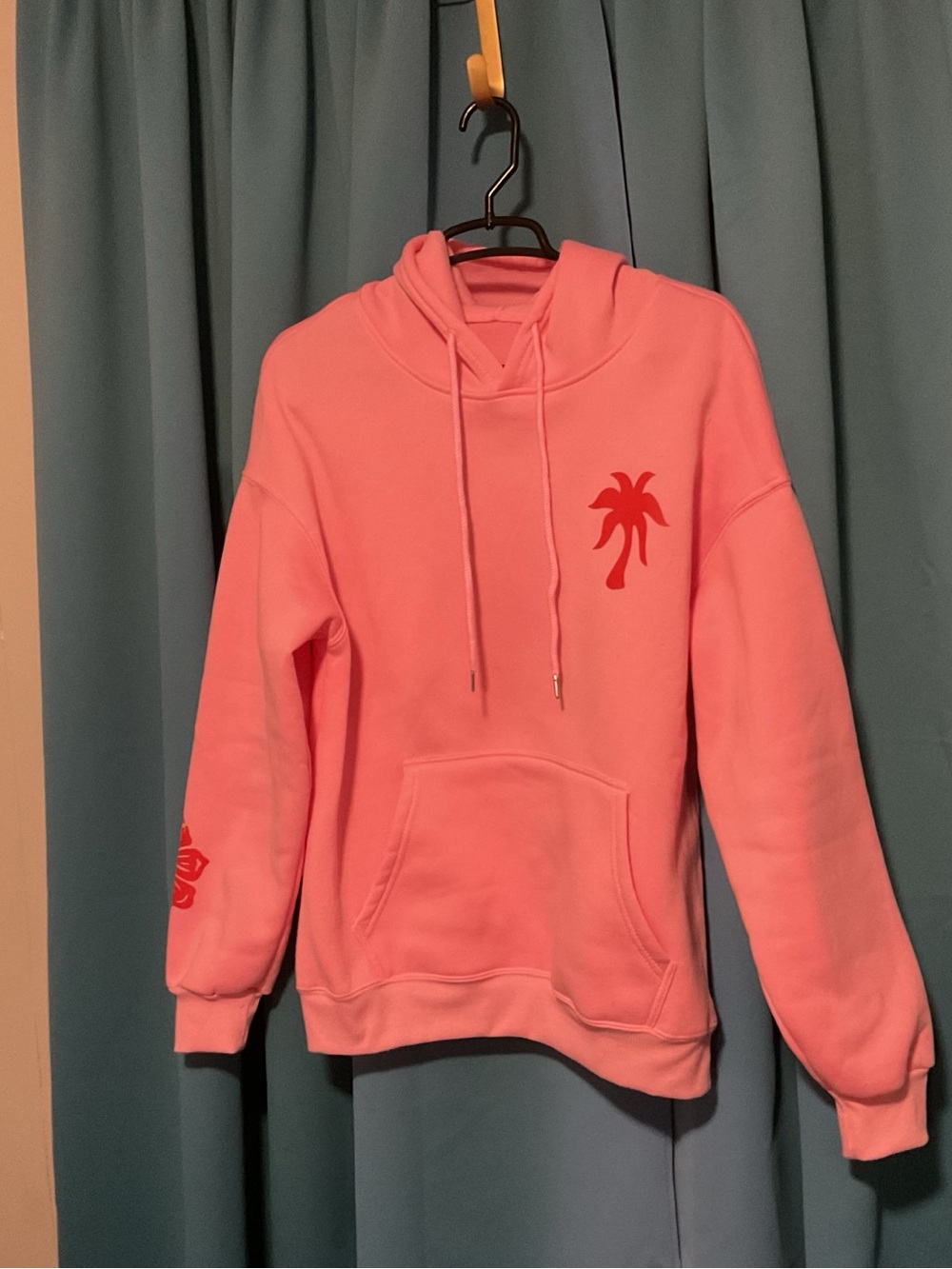 Pink Hoodie with Red Palm Graphic